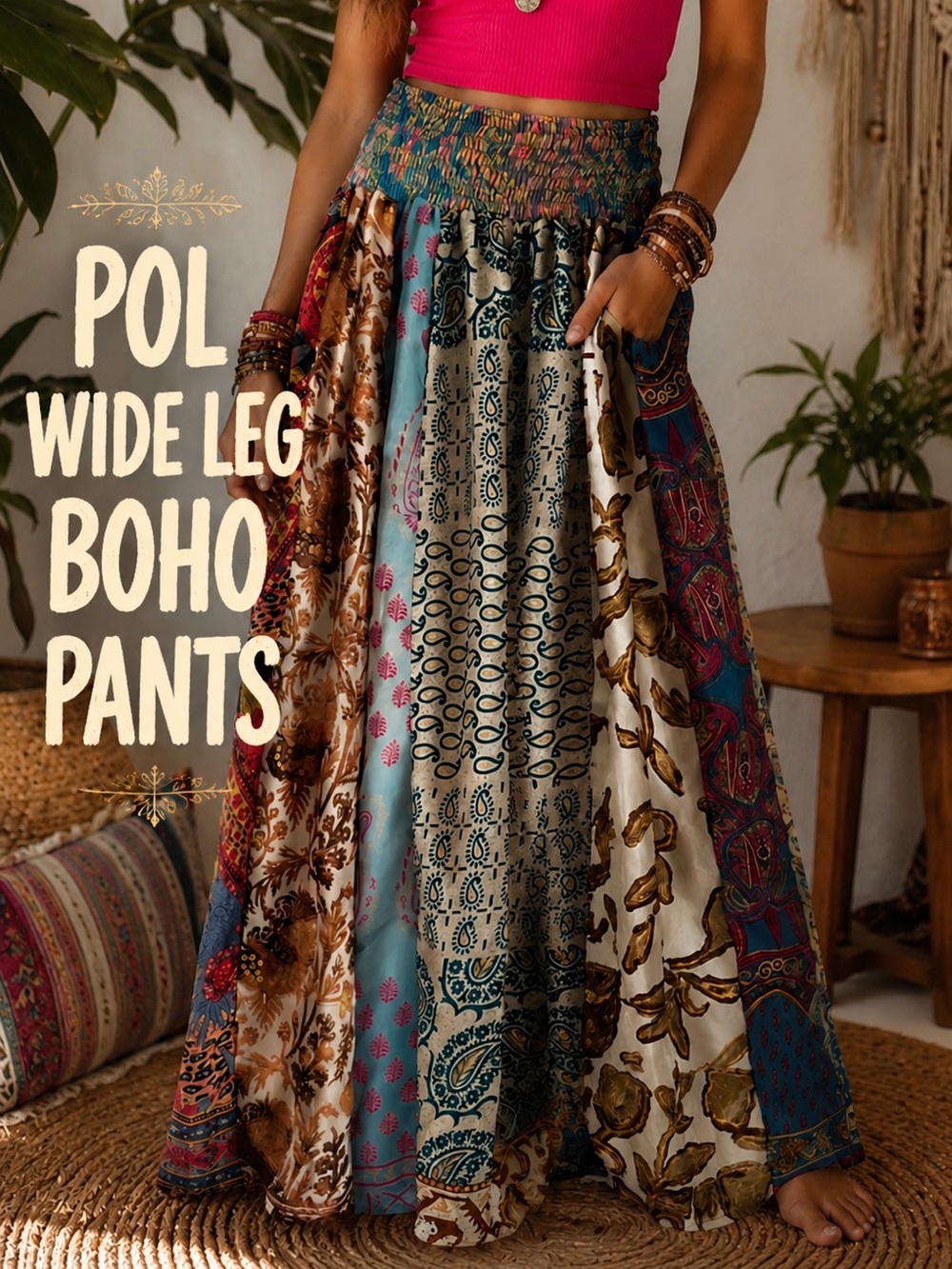 POL Patchwork Wide-Leg Boho Pants in Hot Pink & Multicolor - Picture 2 of 6